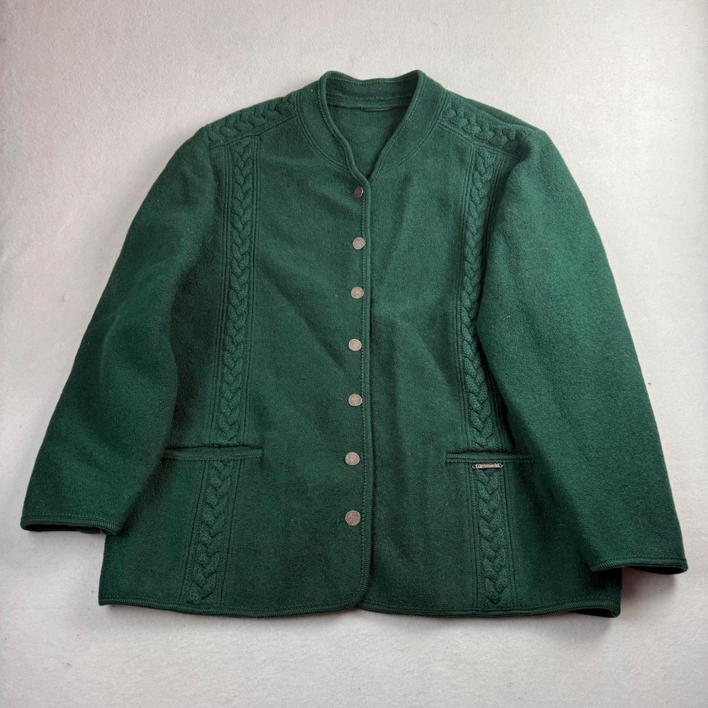 Giesswein Austrian Boiled Wool Jacket Green Cable Knit Coin Button Womens M18 46